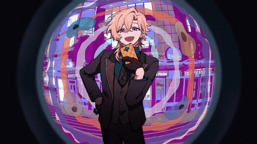 1boy, aventurine_(final_victor)_(honkai:_star_rail), aventurine_(honkai:_star_rail), blue_shirt, brown_pants, brown_vest, cellphone, collared_shirt