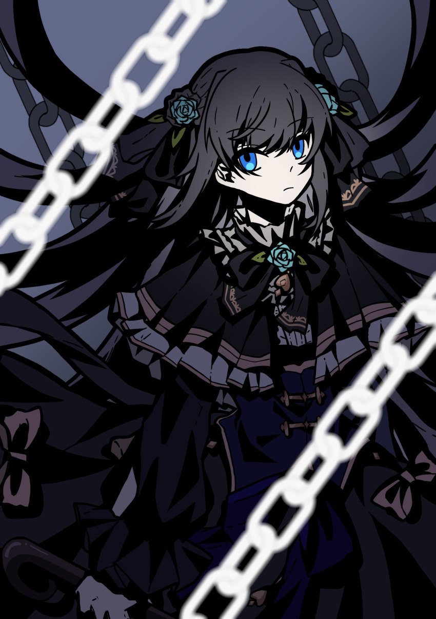 1girl, absurdres, arcaea, black_dress, black_hair, blue_eyes, blue_flower, blue_rose