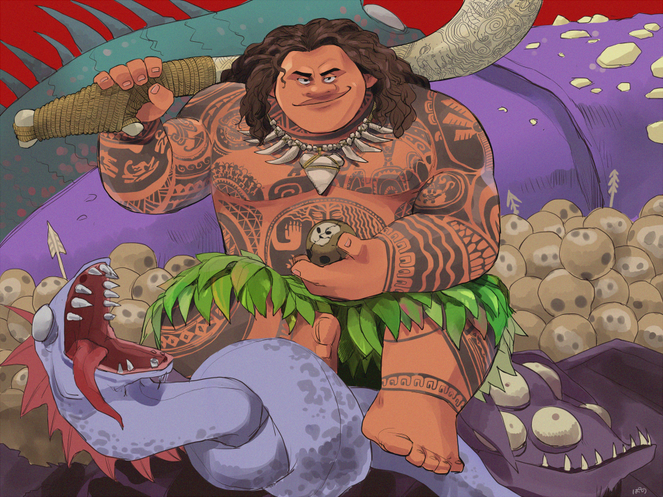 1boy, arm_tattoo, barefoot, brown_hair, chest_tattoo, coconut, dark-skinned_male, dark_skin