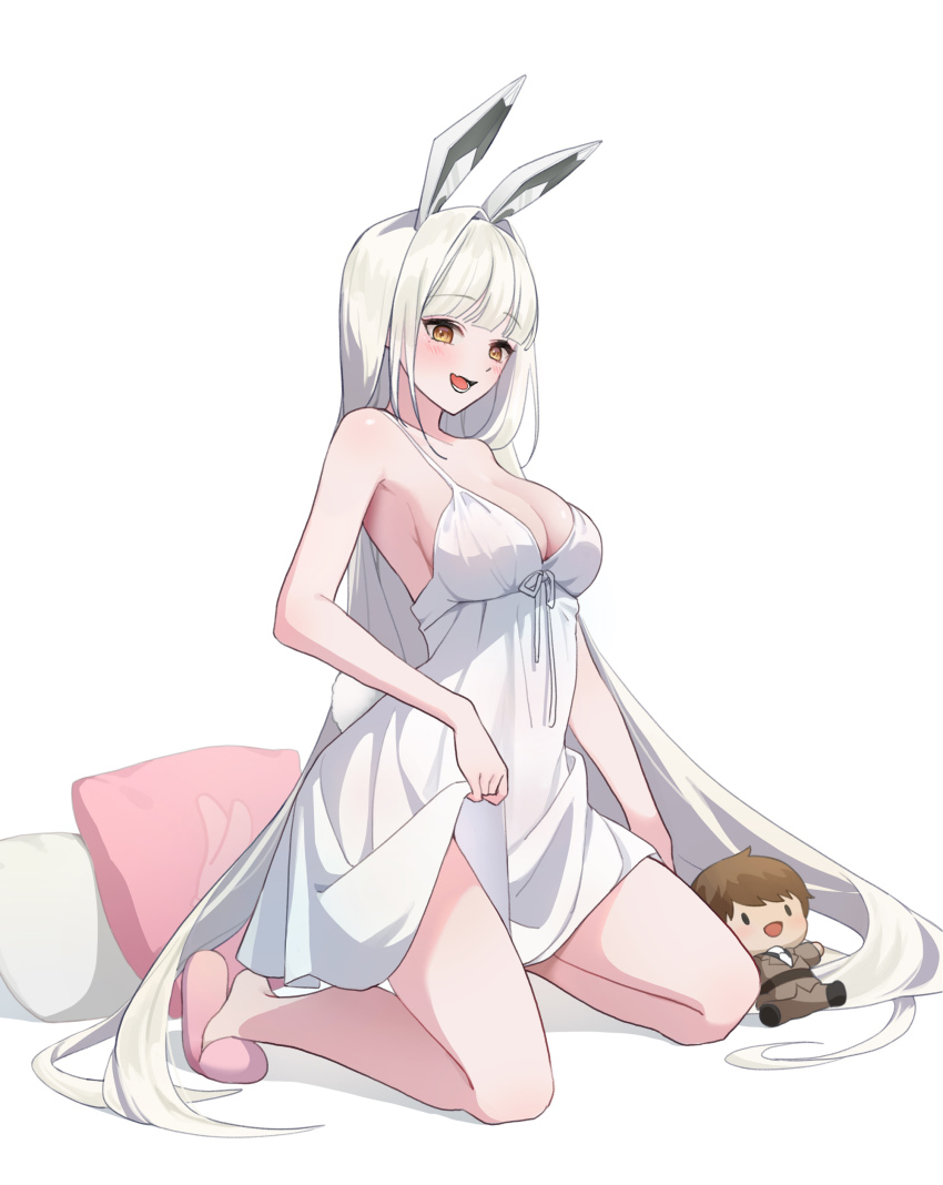 1girl, absurdres, alternate_costume, animal_ear_headwear, animal_ears, blanc_(nikke), character_doll, commander_(nikke)