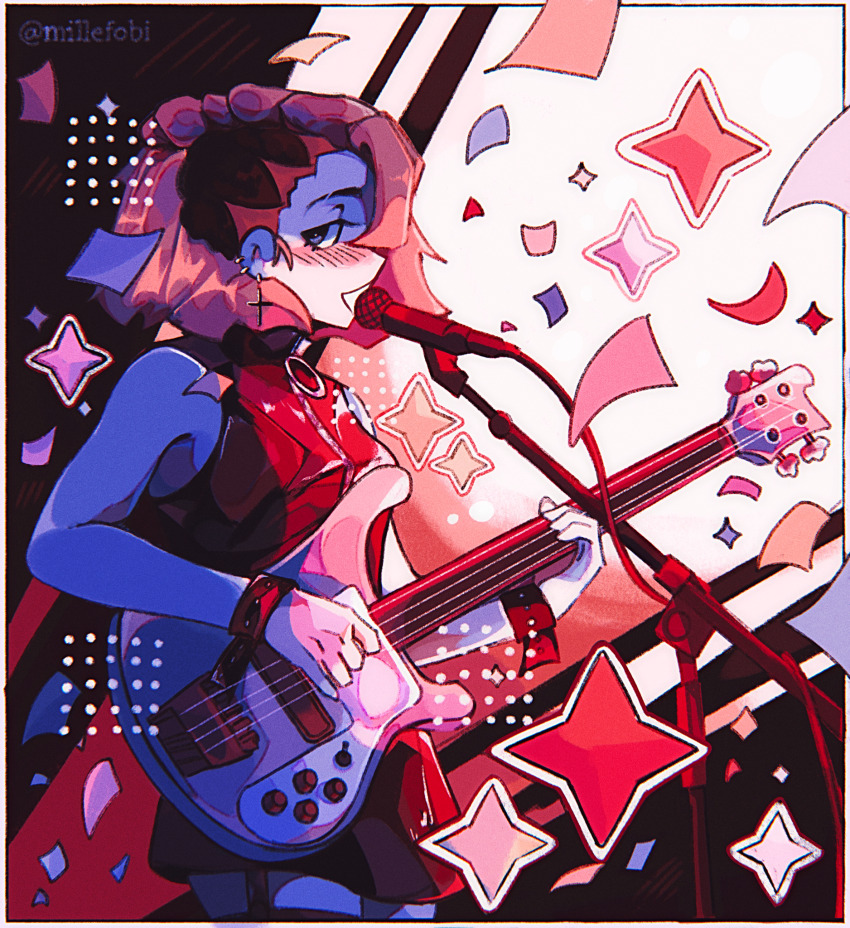 1girl, artist_name, bass_guitar, black_background, black_border, blonde_hair, blue_eyes, blush