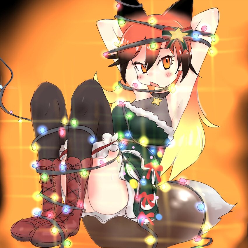 1girl, animal_ears, arms_behind_head, bare_shoulders, black_choker, black_thighhighs, blonde_hair, blush