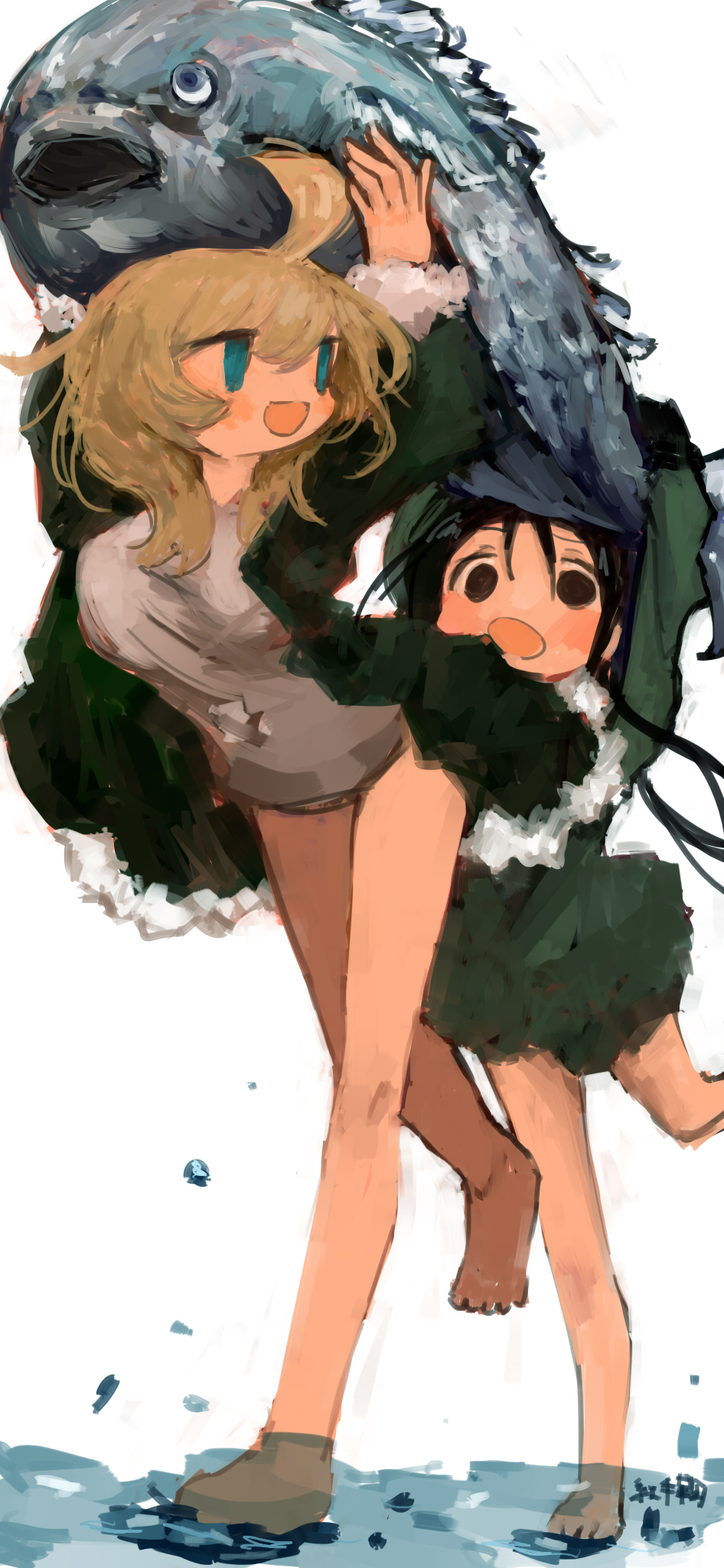 2girls, animal, barefoot, black_hair, blonde_hair, blue_eyes, bottomless, carrying_overhead, chito_(shoujo_shuumatsu_ryokou), coat, fish, fishing, fur_trim, green_coat, highres, jacket, kotatsu_(pchu), looking_back, multiple_girls, no_pants, open_clothes, open_jacket, open_mouth, oversized_animal, running, shallow_water, shirt, shoujo_shuumatsu_ryokou, water, white_background, white_shirt, yuuri_(shoujo_shuumatsu_ryokou)