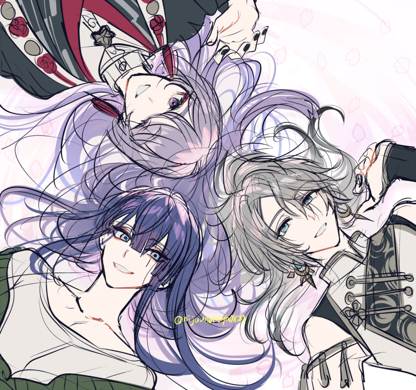 3boys, bare_shoulders, black_kimono, black_shirt, blue_eyes, collarbone, earrings, genzuki_toujirou