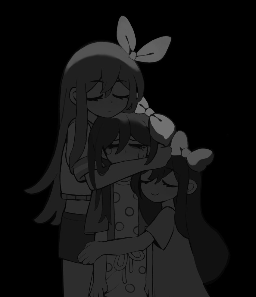 3girls, aged_down, aubrey_(faraway)_(omori), aubrey_(headspace)_(omori), aubrey_(omori), backlighting, black_background, bow