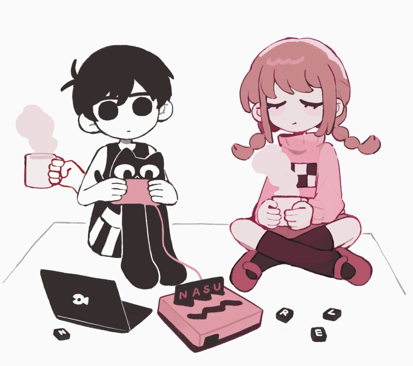 1boy, 1girl, animal, antenna_hair, bare_arms, bare_shoulders, black_eyes, black_hair, black_socks, black_tank_top, black_thighhighs, braid, cat, closed_eyes, closed_mouth, colored_skin, commentary, computer, crossover, cup, deformed, empty_eyes, expressionless, extra_arms, full_body, grey_background, hair_behind_ear, highres, holding, holding_cup, indian_style, kneehighs, knees_up, laptop, long_hair, long_sleeves, madotsuki, mary_janes, mewo, no_nose, no_pupils, no_shoes, omori, omori_(omori), paperbubu, pink_sweater, red_footwear, shoes, short_hair, shorts, simple_background, sitting, socks, striped_clothes, striped_shorts, sweater, tank_top, thighhighs, trait_connection, turtleneck, turtleneck_sweater, twin_braids, u_u, vertical-striped_clothes, vertical-striped_shorts, white_shorts, white_skin, yume_nikki