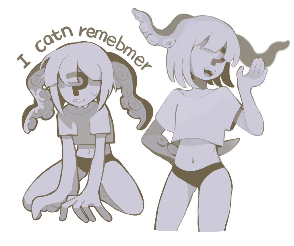 1girl, :d, ?, abbi_(omori), bikini, bikini_bottom_only, bob_cut, commentary, commentary_request, cropped_legs, english_commentary, english_text, faceless, faceless_female, full_body, greyscale, hand_up, monochrome, multiple_views, navel, omori, open_mouth, paperbubu, shirt, short_hair, short_sleeves, simple_background, smile, sweatdrop, swimsuit, t-shirt, teeth, tentacle_hair, tentacle_limbs, tongue, upper_teeth_only, white_background