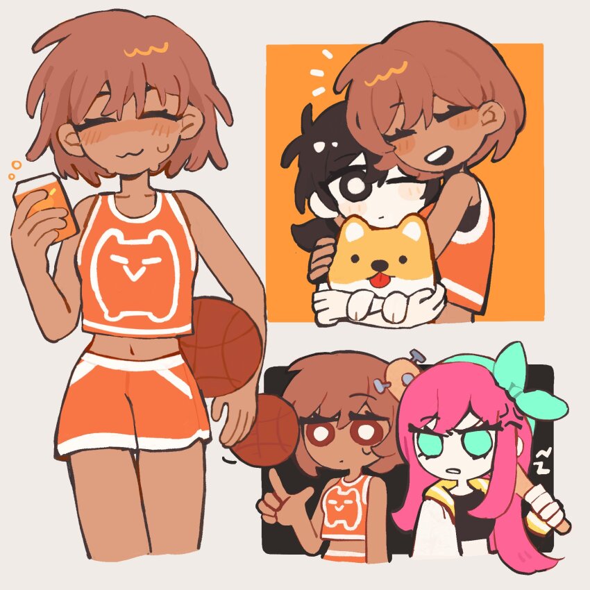 3girls, :3, :d, ^_^, animal, antenna_hair, aubrey_(faraway)_(omori), aubrey_(omori), ball, bare_arms, bare_shoulders, baseball_bat, basketball_(object), black_eyes, black_hair, blush, bow_hairband, breasts, bright_pupils, brown_hair, can, closed_eyes, closed_mouth, cropped_legs, cropped_torso, dark-skinned_female, dark_skin, dog, genderswap, genderswap_(mtf), green_eyes, green_hairband, grey_background, hair_behind_ear, hair_between_eyes, hairband, hashtag-only_commentary, hector_(omori), highres, holding, holding_animal, holding_baseball_bat, holding_can, holding_dog, hug, index_finger_raised, kel_(faraway)_(omori), kel_(omori), long_hair, low_twintails, midriff, multiple_girls, nail_(hardware), nail_bat, navel, no_nose, no_pupils, omori, one_eye_closed, open_mouth, orange_shorts, orange_tank_top, paperbubu, parted_lips, pink_hair, sailor_collar, short_hair, shorts, simple_background, small_breasts, smile, sunny_(omori), sweat, sweatdrop, tank_top, teeth, twintails, upper_teeth_only, white_pupils, white_trim, yellow_sailor_collar