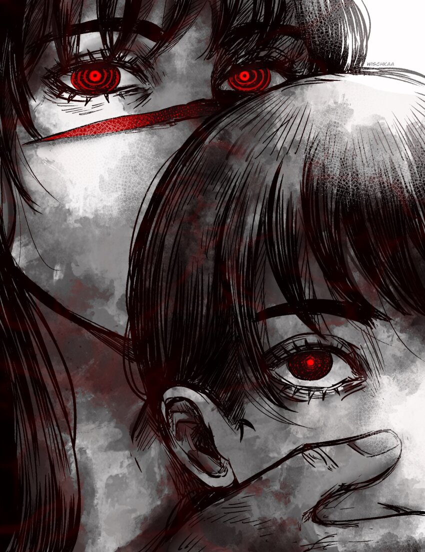 2girls, chainsaw_man, commentary_request, covering_another's_mouth, facial_scar, german_commentary, greyscale, highres