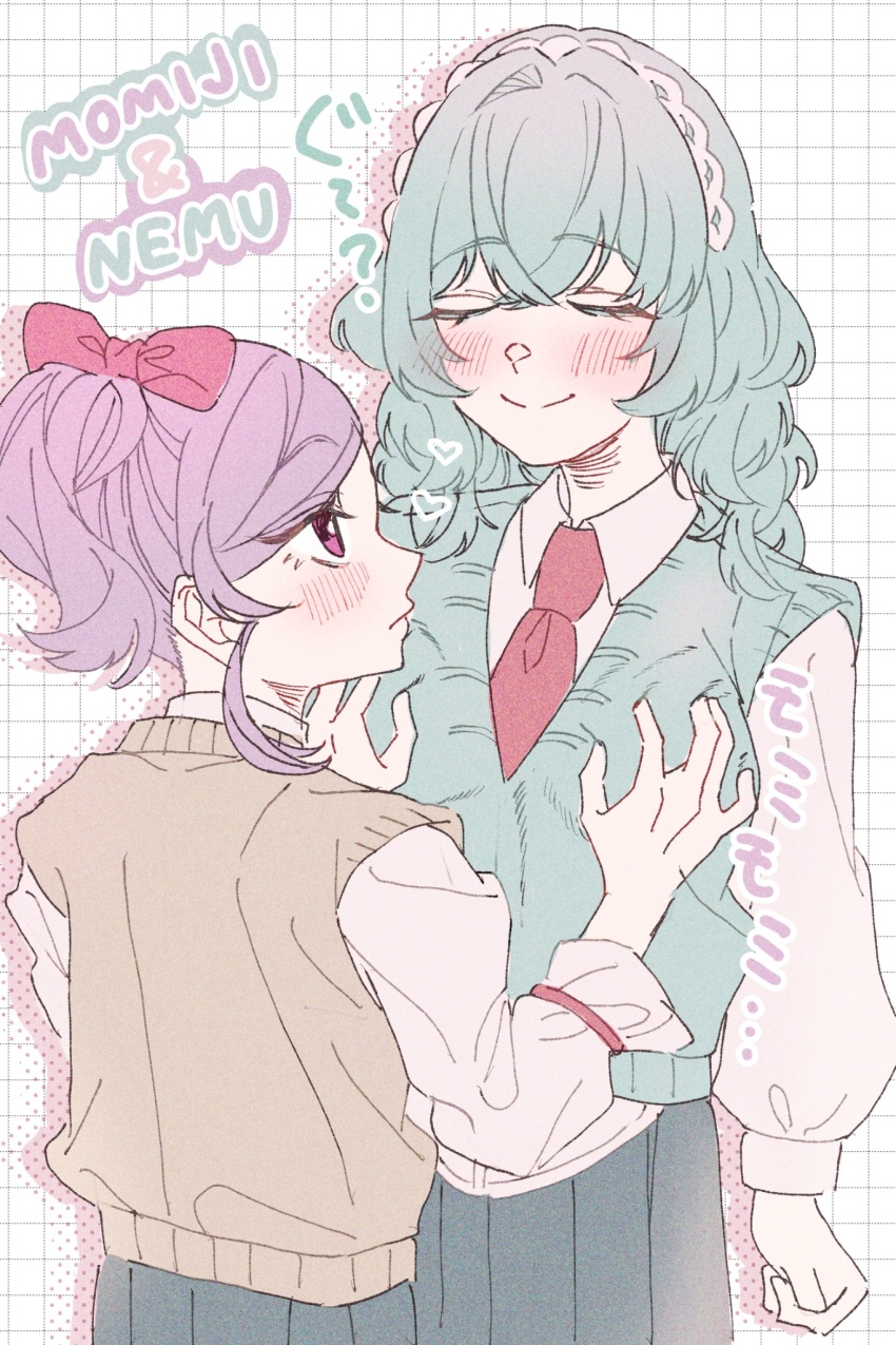 2girls, ?, age_difference, aqua_sweater_vest, blush, bow, emaaa_0228, groping