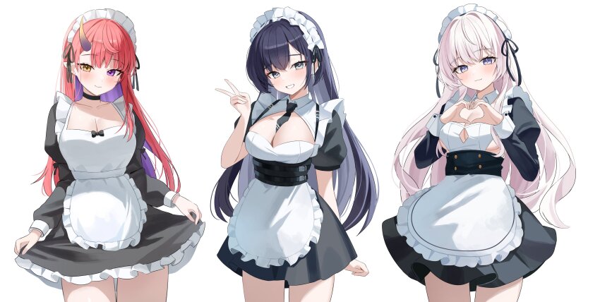 3girls, :3, absurdres, alternate_costume, apron, belt, black_choker, black_dress