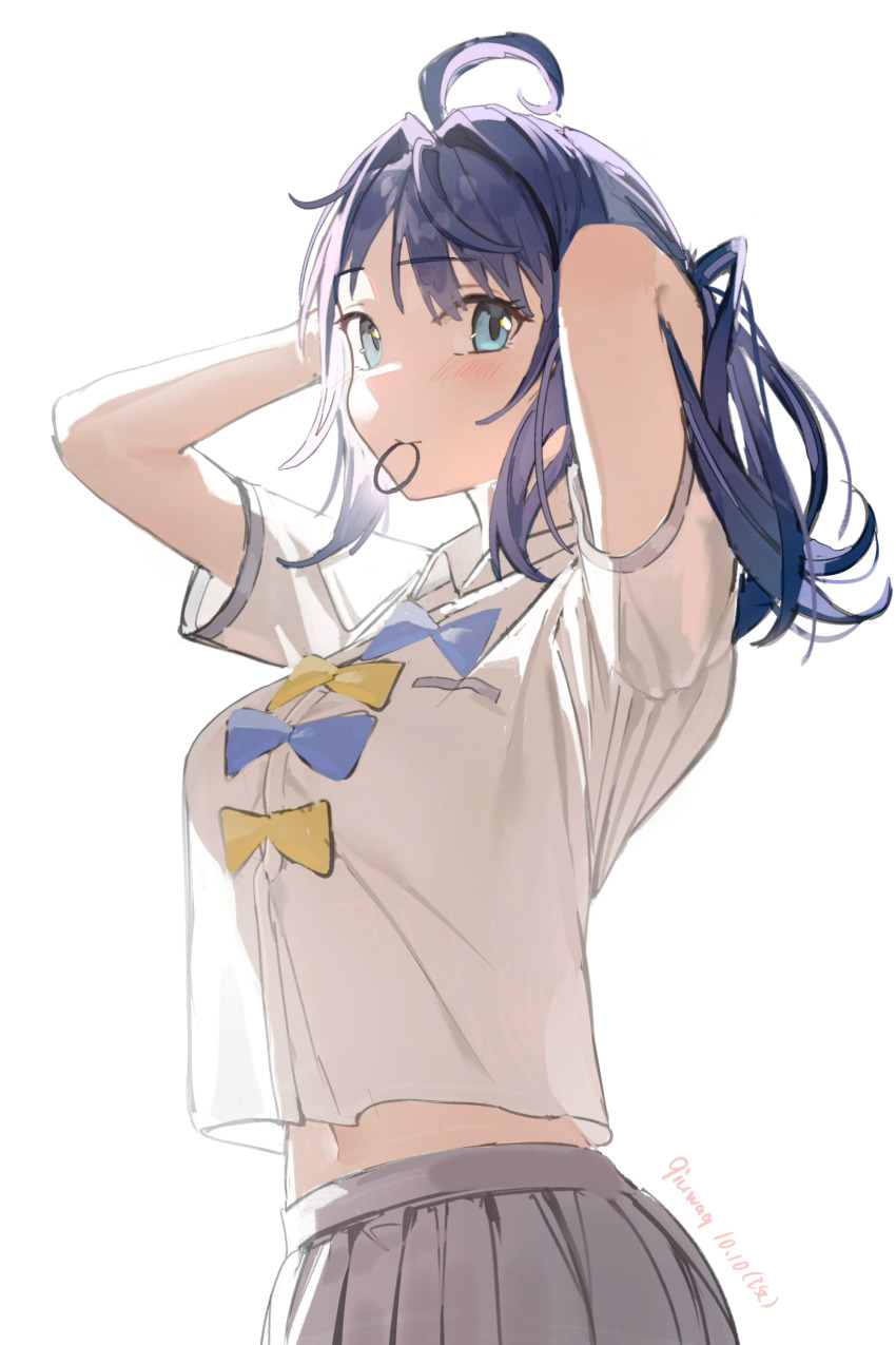 1girl, absurdres, adjusting_hair, ahoge, arms_up, artist_name, blue_bow, blue_bowtie, blue_eyes, blue_hair, bow, bowtie, breasts, closed_mouth, dated, grey_skirt, hair_tie_in_mouth, hand_in_own_hair, highres, looking_at_viewer, make_heroine_ga_oo_sugiru!, medium_breasts, medium_hair, mouth_hold, navel, pleated_skirt, qiuwaq, school_uniform, see-through_clothes, see-through_shirt, shirt, simple_background, skirt, solo, summer_uniform, tying_hair, white_background, yanami_anna, yellow_bow, yellow_bowtie