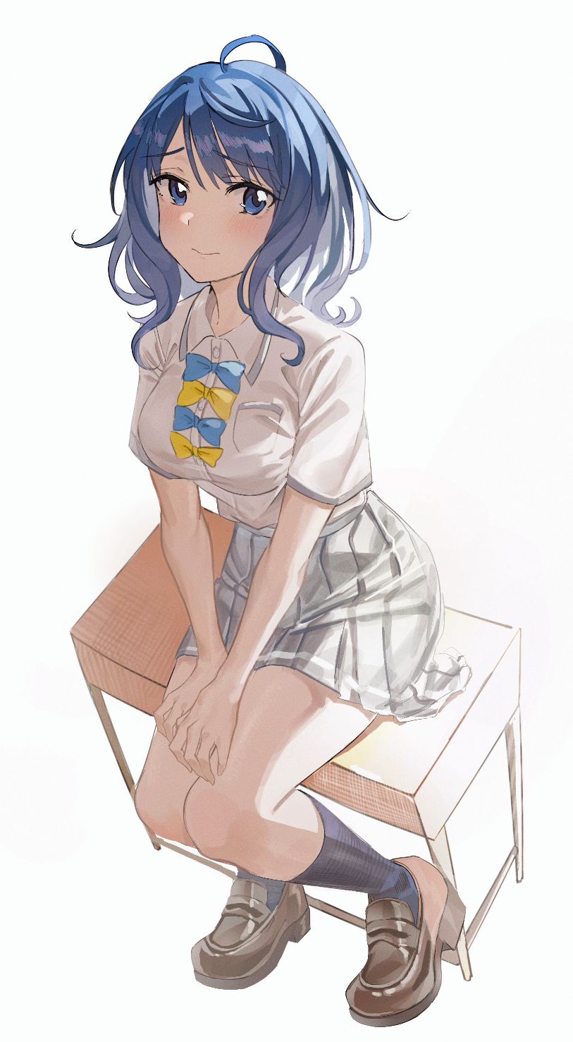 1girl, ahoge, blue_bow, blue_bowtie, blue_eyes, blue_hair, blue_socks, bow