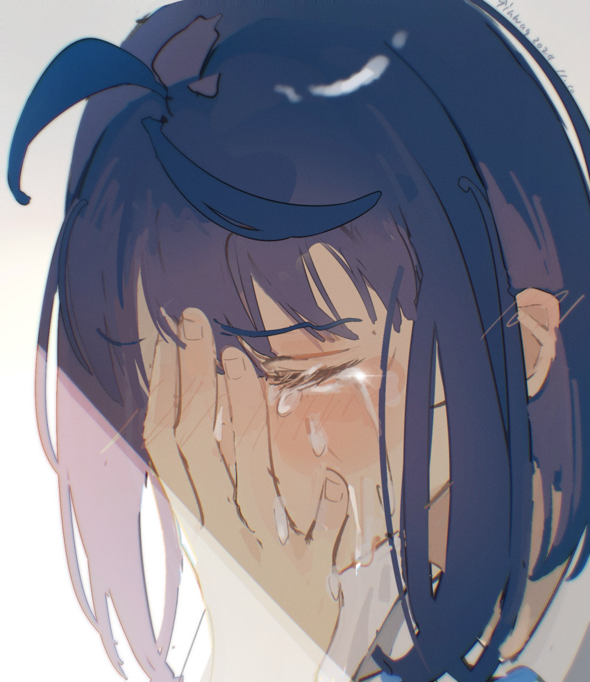 1girl, ahoge, blue_hair, blush, closed_eyes, covering_face, crying, highres