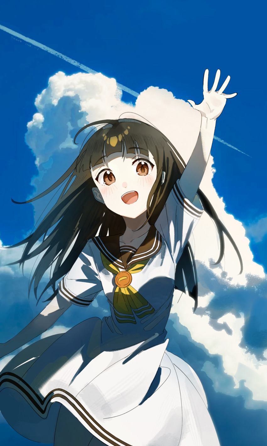 1girl, absurdres, arm_up, black_hair, blunt_bangs, brown_eyes, brown_sailor_collar, brown_serafuku