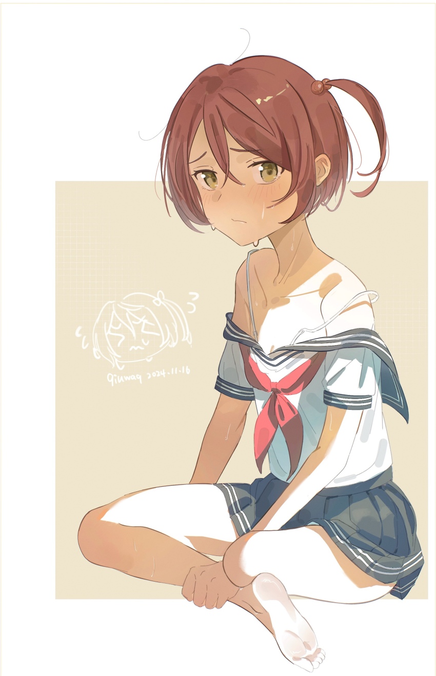 1girl, absurdres, artist_name, bare_shoulders, barefoot, blue_sailor_collar, blue_skirt, closed_mouth, clothes_pull, collarbone, dated, feet, full_body, highres, komari_chika, light_blush, looking_at_viewer, lotus_position, make_heroine_ga_oo_sugiru!, miniskirt, neckerchief, one_side_up, petite, pleated_skirt, qiuwaq, red_hair, red_neckerchief, sailor_collar, school_uniform, serafuku, shirt, shirt_pull, sitting, skirt, soles, solo, sweat, white_shirt, yellow_eyes