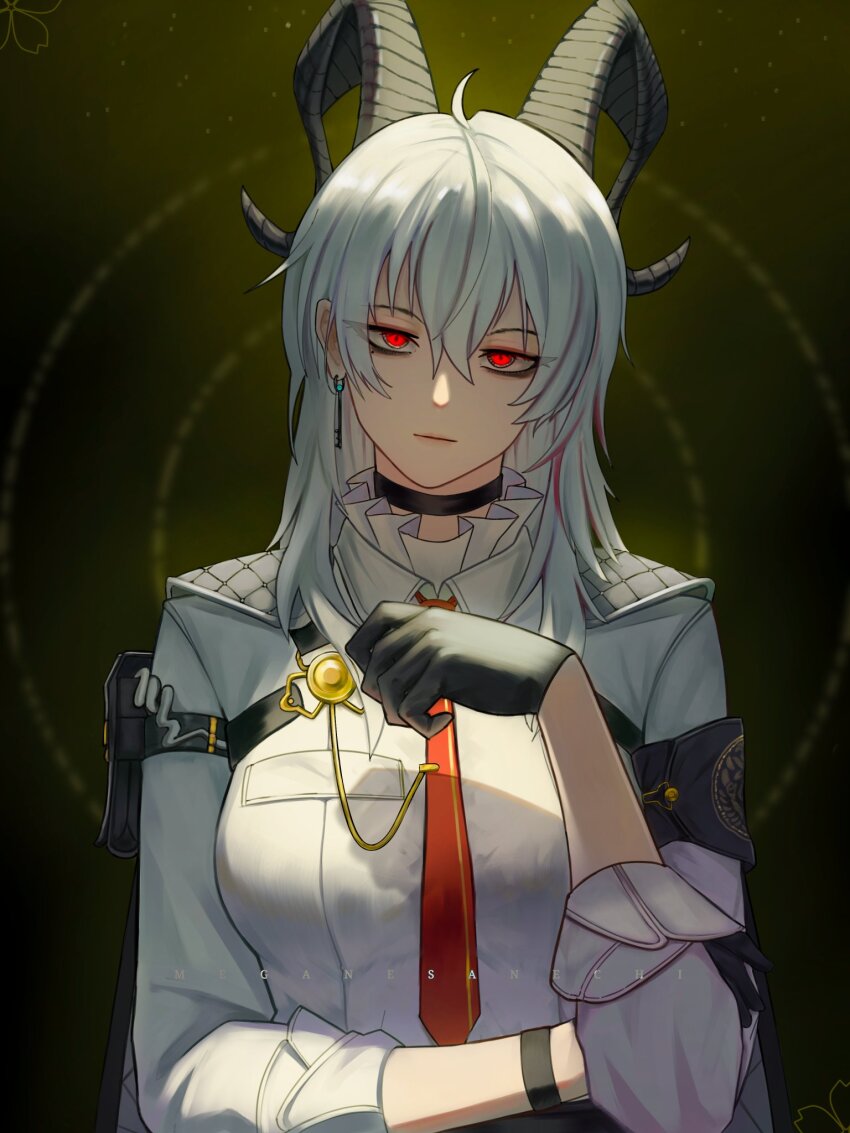 1girl, arm_pouch, armband, artist_name, black_armband, black_choker, black_gloves, black_horns, breasts, choker, closed_mouth, collared_shirt, commentary, curled_horns, earrings, english_commentary, gloves, hair_between_eyes, hand_up, highres, horns, jacket, jacket_on_shoulders, jewelry, key_earrings, long_hair, looking_at_viewer, medium_breasts, meganesanechi, multicolored_hair, necktie, pouch, red_eyes, red_necktie, shirt, sleeves_rolled_up, solo, streaked_hair, white_hair, white_shirt, wuthering_waves, zani_(wuthering_waves)