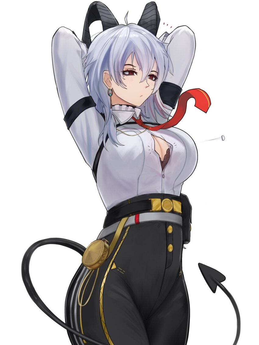 1girl, armband, arms_behind_head, arms_up, black_armband, black_bra, black_horns, black_pants