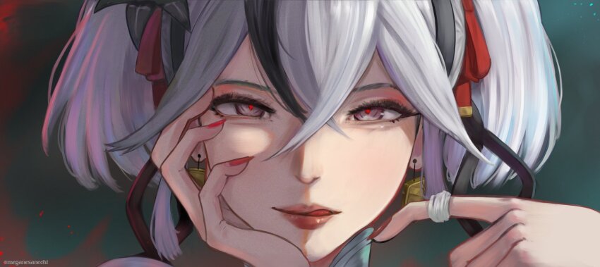 1girl, artist_name, black_eyes, black_flower, blake_bloom_(wuthering_waves), camellya_(wuthering_waves), close-up, closed_mouth