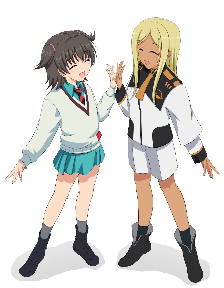 2girls, akagi_miria, amate_yuzuriha, asticassia_school_uniform, blonde_hair, brown_hair, closed_eyes, cosplay