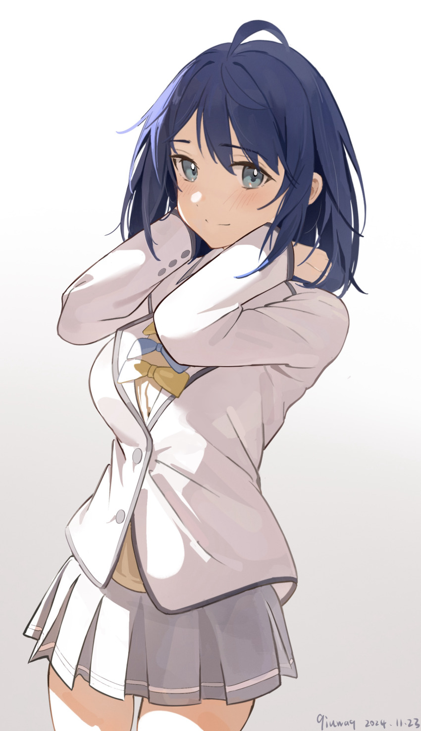 1girl, absurdres, ahoge, artist_name, blazer, blue_bow, blue_bowtie, blue_eyes