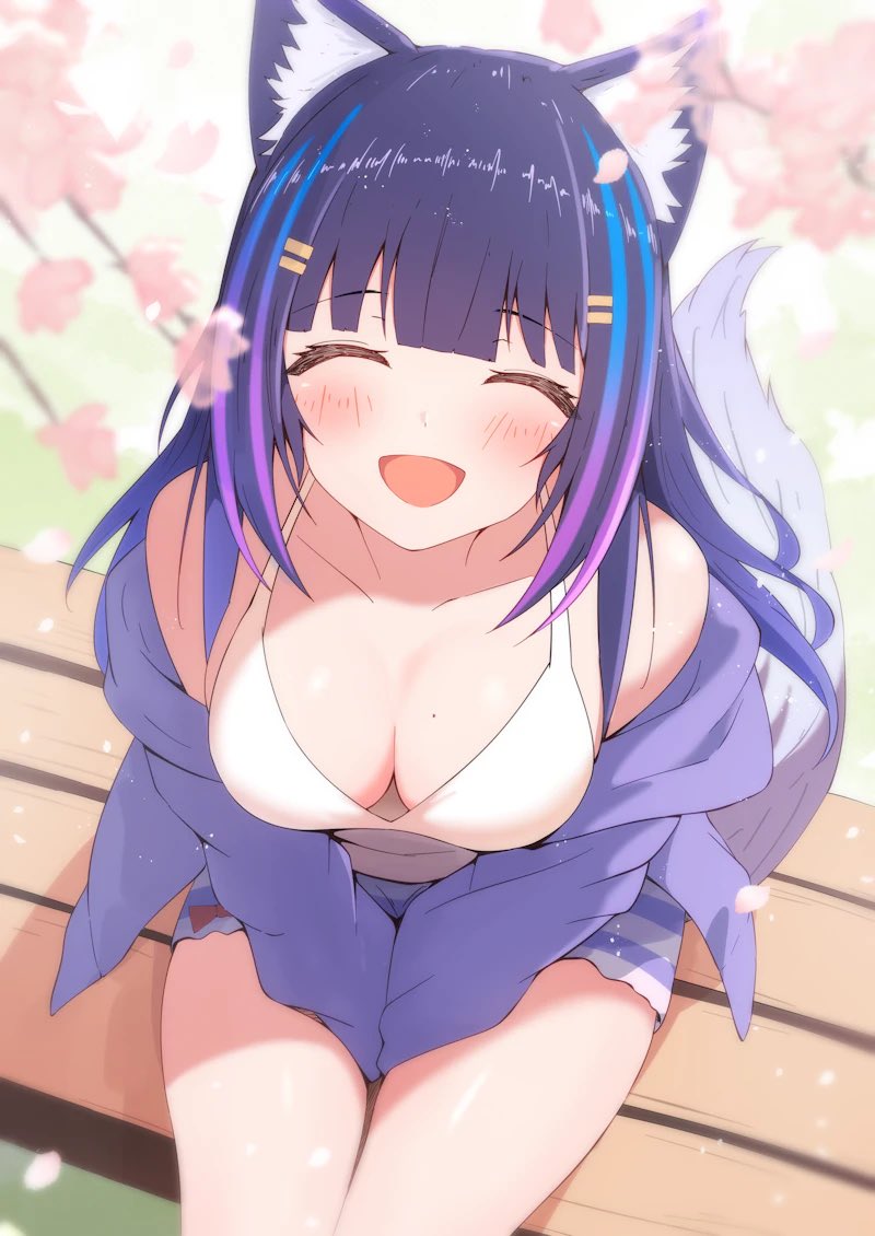1girl, animal_ear_fluff, animal_ears, bare_shoulders, black_hair, blue_hair, blush, breasts