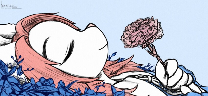 1girl, blue_background, carnation, closed_eyes, field, flower, flower_field, furry