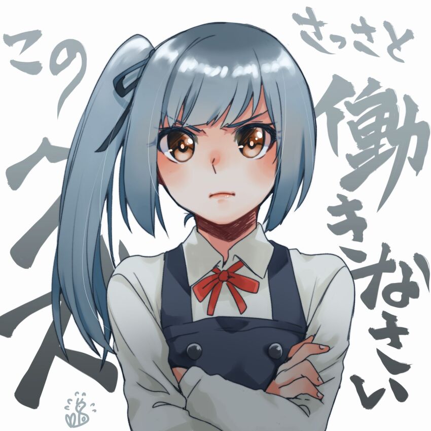 1girl, black_dress, black_ribbon, brown_eyes, closed_mouth, crossed_legs, dress, grey_hair