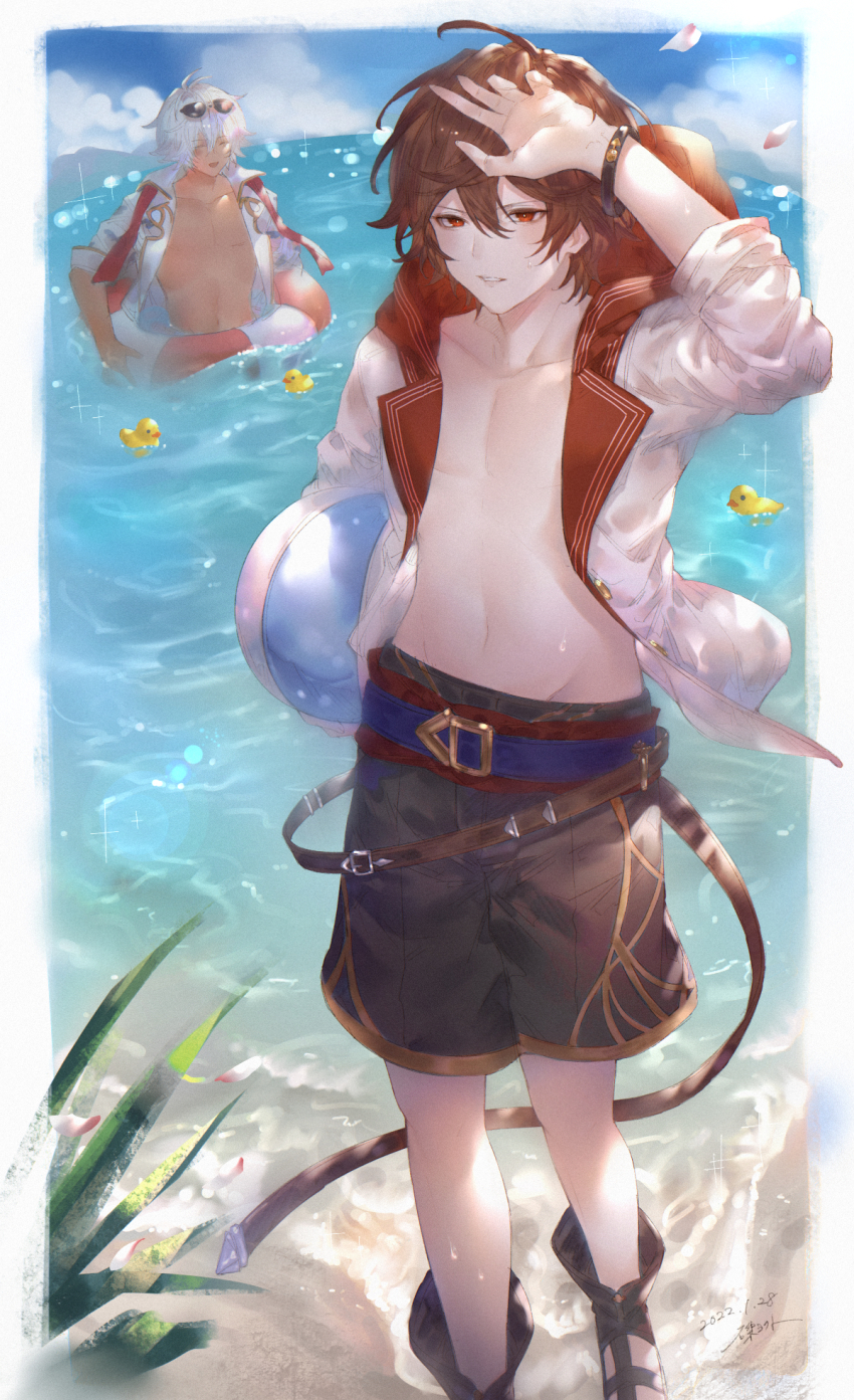 2boys, ahoge, antenna_hair, ball, beachball, belt, blue_belt, brown_hair