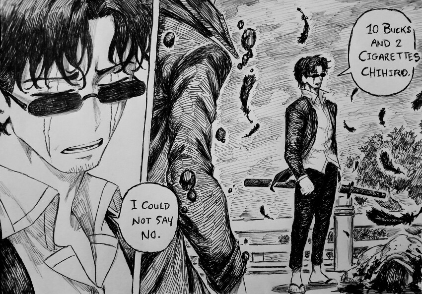 3boys, absurdres, beard, chronozbergh, collared_shirt, facial_hair, feathers, greyscale, highres, holding, holding_sword, holding_weapon, jacket, kagurabachi, katana, long_sleeves, monochrome, multiple_boys, open_clothes, open_jacket, pants, rokuhira_chihiro, samura_seiichi, sandals, scabbard, scar, scar_across_eyes, sheath, shirt, spoilers, standing, sunglasses, sword, traditional_media, tree, uruha_youji, weapon