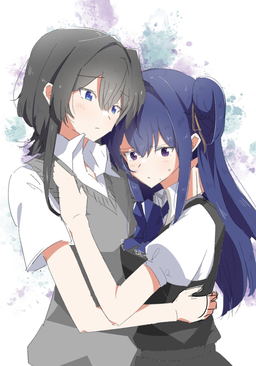 2girls, absurdres, asanagi_yori, black_dress, black_hair, blue_bow, blue_bowtie, blue_eyes