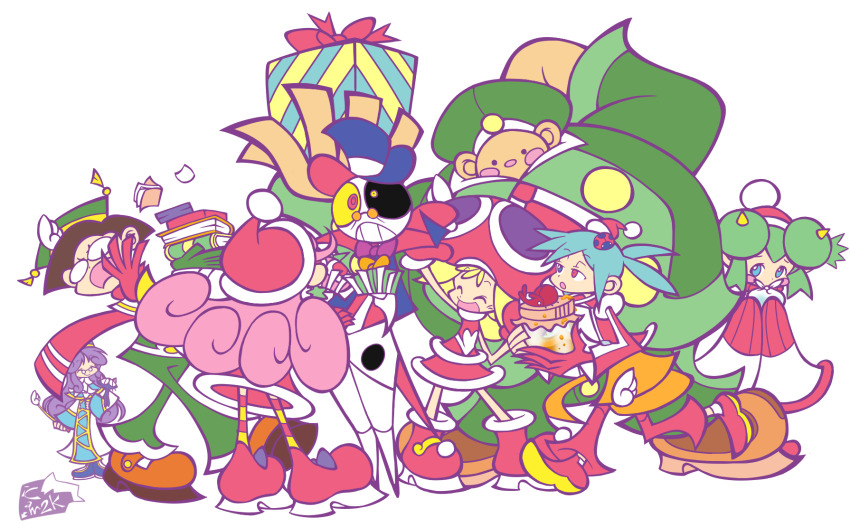 accord_sensei, amitie_(puyopuyo), blush, box, christmas, christmas_ornaments, dapper_bones, dress, fur-trimmed_headwear, fur_trim, gift, gift_box, glasses, gloves, hat, highres, holding, icam2k, klug_(puyopuyo), lidelle_(puyopuyo), long_hair, merry_christmas, multiple_boys, multiple_girls, open_mouth, popoi_(puyopuyo), puyopuyo, puyopuyo_fever, raffina_(puyopuyo), red_gloves, ribbon, sack, santa_claus, santa_costume, santa_dress, santa_hat, short_hair, shy, sig_(puyopuyo), skeleton, smile, tarutaru_(puyopuyo), top_hat