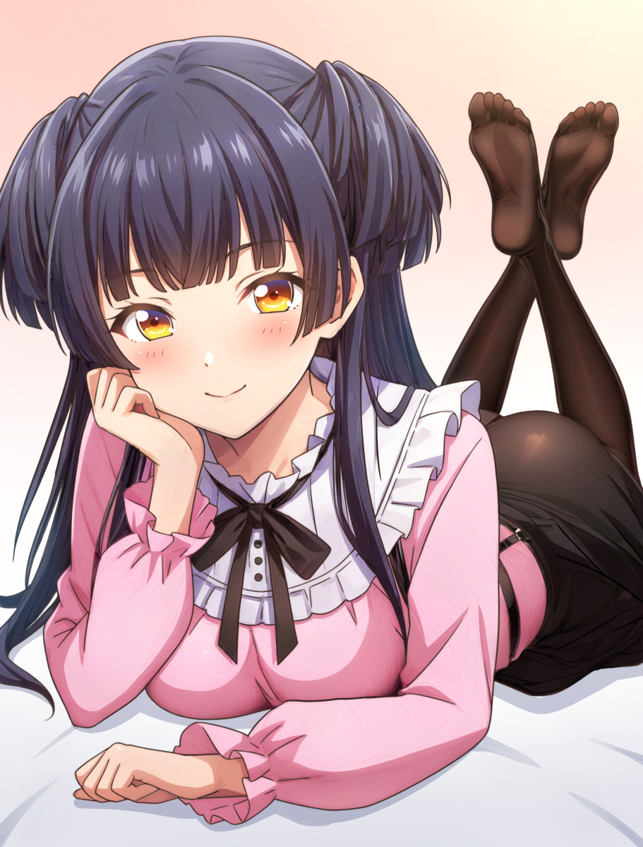 1girl, ass, black_hair, black_skirt, blush, breasts, brown_pantyhose, commentary_request