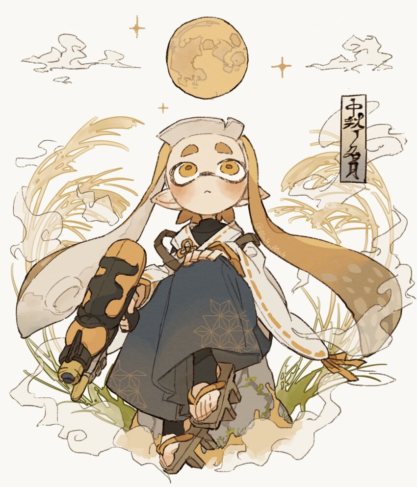 1girl, :<, black_thighhighs, blue_hakama, blush, brown_footwear, closed_mouth, commentary, full_body, full_moon, geta, hakama, hakama_pants, hand_on_own_knee, highres, holding, holding_weapon, inkling, inkling_girl, inkling_player_character, japanese_clothes, kariginu, long_hair, long_sleeves, looking_up, moon, nintendo, on_rock, orange_eyes, orange_hair, p0m4_p0m4, pants, pointy_ears, sitting, solo, splatoon_(series), splatoon_3, splattershot_nova_(splatoon), stirrup_legwear, untranslatable_commentary, tentacle_hair, thick_eyebrows, thighhighs, toeless_legwear, twintails, undershirt, weapon, wide_sleeves