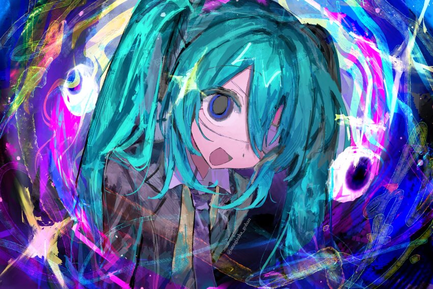 1girl, abstract, aqua_hair, black_jacket, blue_necktie, collared_shirt, colorful, eyeball