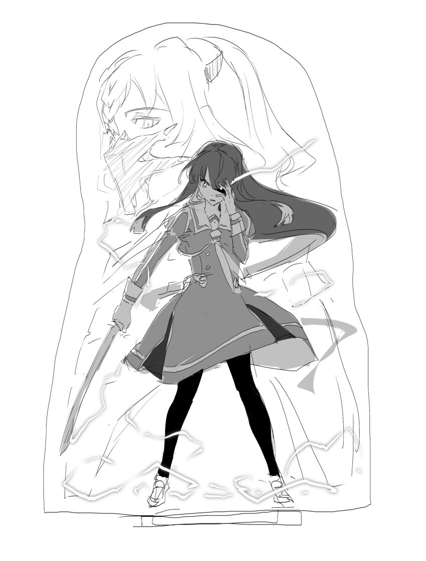 2girls, black_pantyhose, dress, electricity, full_body, greyscale, heijou_institute_school_uniform, highres