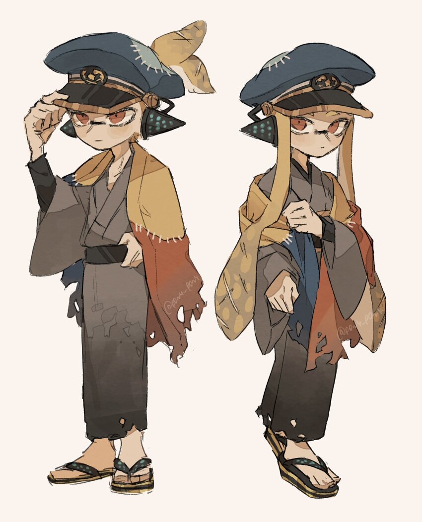 1boy, 1girl, adapted_costume, agent_3_(splatoon), artist_name, behind-the-head_headphones, black_footwear, blonde_hair