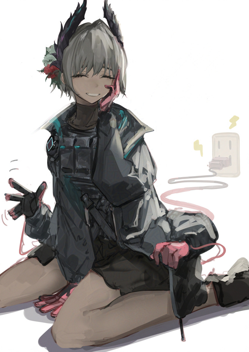 1girl, :d, ^_^, absurdres, arknights, between_legs, black_gloves, charging_person, closed_eyes, dark-skinned_female, dark_skin, electric_plug, electric_plug_tail, electrical_outlet, extra_arms, facing_viewer, gloves, grey_hair, grin, hand_between_legs, hand_on_own_cheek, hand_on_own_face, highres, hrk_(dxez4457), lightning_bolt_symbol, long_sleeves, motion_lines, open_mouth, pink_gloves, raidian_(arknights), short_hair, simple_background, sitting, sketch, smile, solo, tail, wariza, waving, white_background