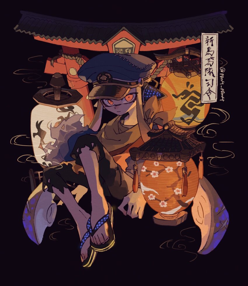 1girl, agent_3_(splatoon), artist_name, behind-the-head_headphones, black_background, black_pants, black_sandals, blonde_hair