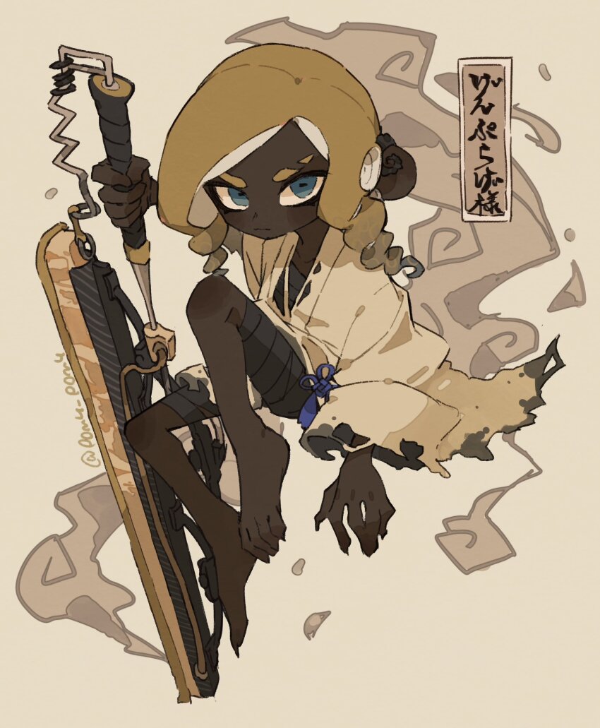 1girl, artist_name, bandaged_leg, bandages, barefoot, blonde_hair, blue_eyes, chest_sarashi