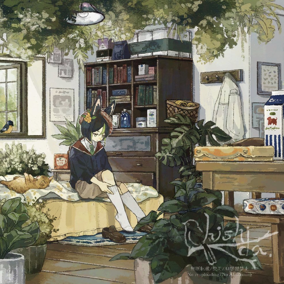 1boy, animal_ear_fluff, animal_ears, artist_name, bag, basket, bed, bed_sheet, beret, bird, black_hair, blue_jacket, blunt_ends, book, bookshelf, bottle, box, bright_pupils, brown_eyes, brown_shoes, brown_shorts, carton, cat, chair, closed_mouth, coat, coat_rack, collared_shirt, commentary_request, day, drawer, flower, flower_pot, fox_ears, genshin_impact, green_eyes, green_hair, green_necktie, hair_between_eyes, hair_flower, hair_ornament, hanging_light, hat, hishida_(koko_escape), indoors, jacket, kneehighs, loafers, long_sleeves, looking_down, male_focus, multicolored_eyes, multicolored_hair, necktie, on_bed, open_window, orange_cat, paper, picture_frame, plant, poster_(object), potted_plant, red_hat, rug, school_uniform, shirt, shoes, short_hair, shorts, signature, sitting, slice_of_life, smile, socks, solo, streaked_hair, table, three-quarter_sleeves, tighnari_(genshin_impact), tilted_headwear, unworn_coat, watermark, white_coat, white_pupils, white_shirt, white_socks, window, wing_collar, wooden_chair, wooden_floor, wooden_table, yellow_flower