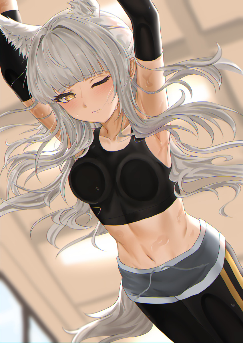 1girl, absurdres, against_glass, animal_ears, arknights, armpits, arms_up, black_leggings