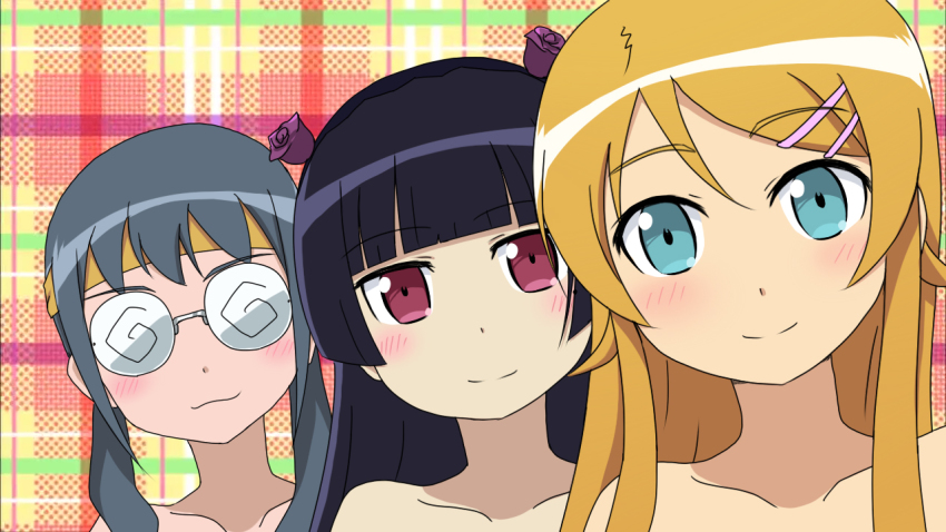 3girls, bare_shoulders, coke-bottle_glasses, flower, glasses, gokou_ruri, hair_flower, hair_ornament