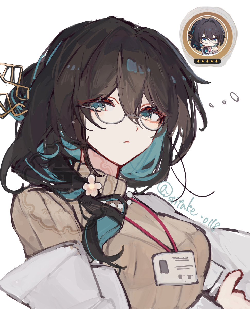 1girl, alternate_costume, artist_name, breasts, closed_mouth, colored_inner_hair, cup, expressionless