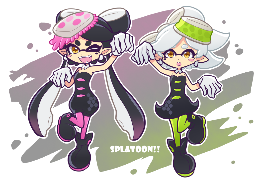 +_+, 2girls, black_hair, blush_stickers, callie_(splatoon), callie_(squid_sisters_outfit)_(splatoon), cousins, fangs