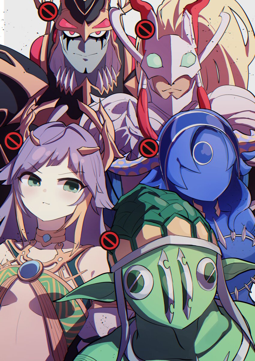 2girls, 3boys, absurdres, bare_shoulders, blonde_hair, blue_skin, breasts, c_civciv