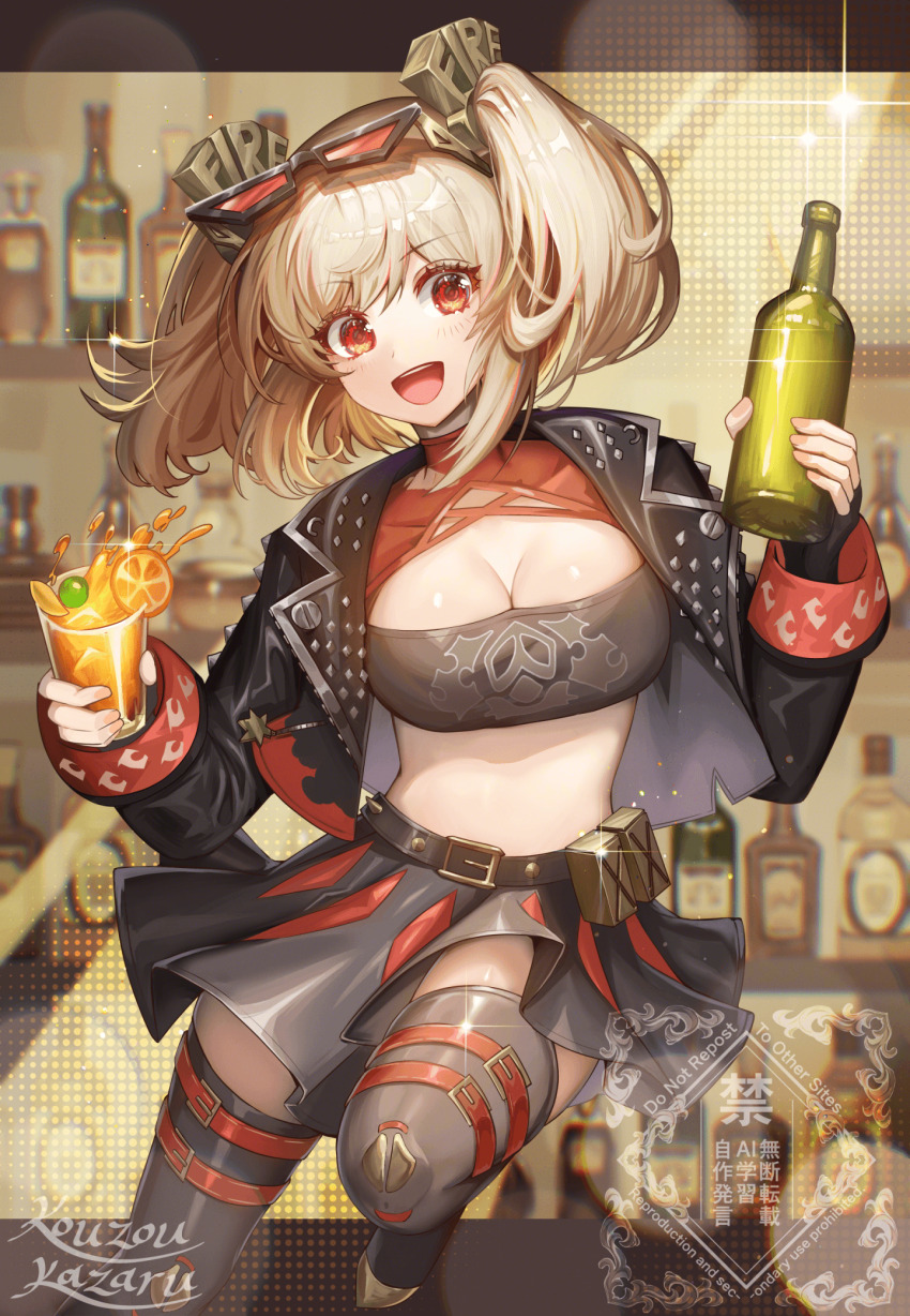 1girl, :d, bar_(place), black_jacket, black_skirt, black_thighhighs, blonde_hair, bottle