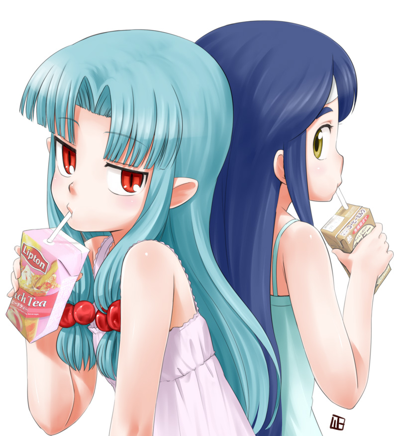 2girls, back-to-back, bare_shoulders, blue_hair, box, camisole, drink_carton, drinking, drinking_straw, hair_bobbles, hair_ornament, hairband, juice_box, kiriha_(tsugumomo), kukuri_(tsugumomo), lipton, long_hair, multiple_girls, nagian, purple_hair, red_eyes, tsugumomo, yellow_eyes