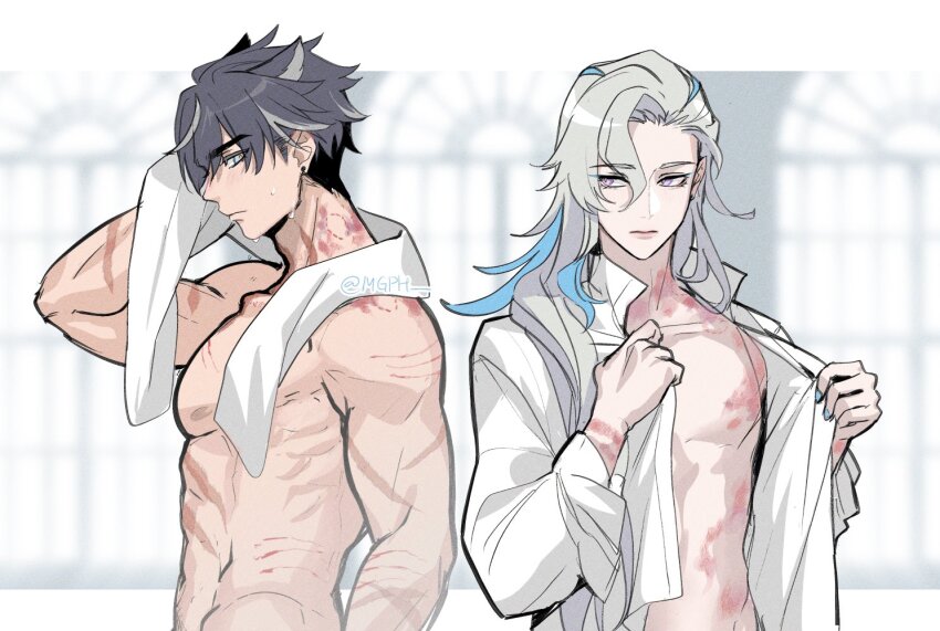 2boys, abs, bite_mark, bite_mark_on_neck, black_hair, blue_hair, closed_mouth, collarbone