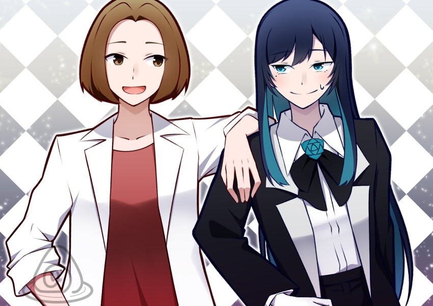 2girls, ado_(utaite), black_bow, black_bowtie, black_coat, blue_eyes, blue_flower, blue_hair